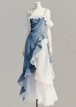 Denim og Chiffon Kjole med Volanter