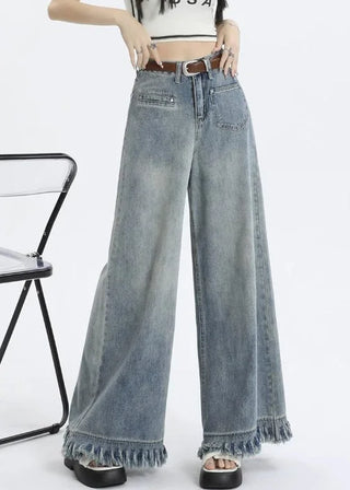 Løse Denim Bukser med Høj Talje og Fransk Kant