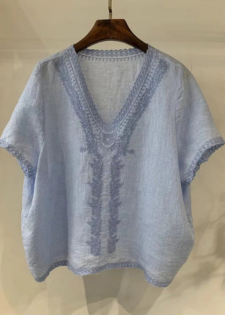 Lyseblå Linned Top med Broderi