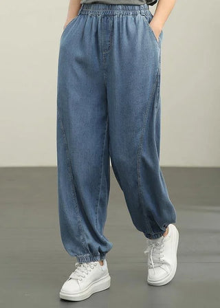 Løse Denim Bukser med Elastisk Talje og Ribkant
