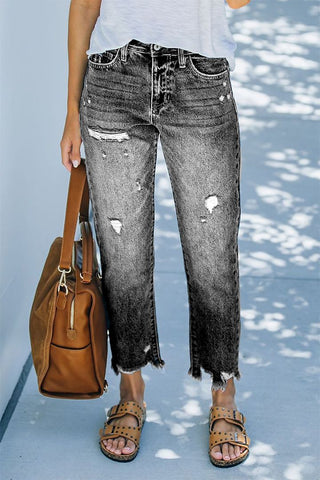 Cropped mom jeans med rå kant