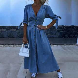 Denim Maxikjole med Bindebånd