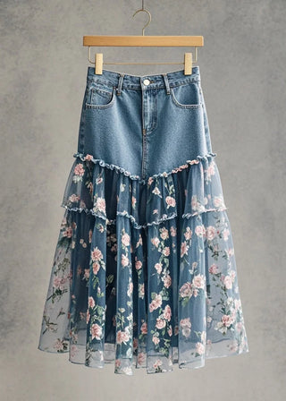 Blomsterbroderet Lagdelt Denim Nederdel