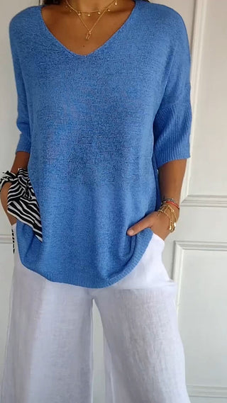 Strikket V-hals Bluse | Viskosemix | Let og Feminint Design