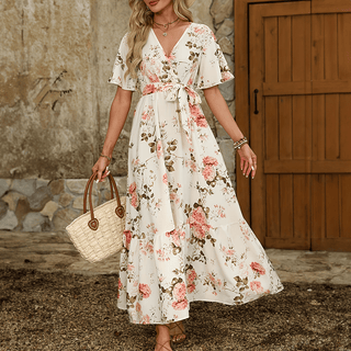 Blomster Maxi Kjole | Boheme Stil | Sommer Slå-om Kjole med Bælte