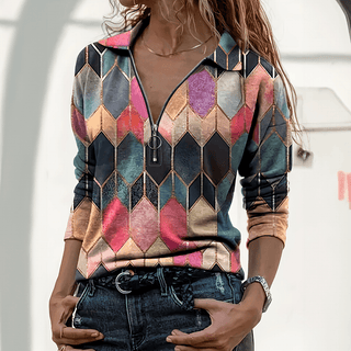 Retro Polo Top med Lynlås | Diamantprint | Farverig & Statement