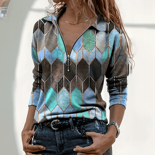 Retro Polo Top med Lynlås | Diamantprint | Farverig & Statement