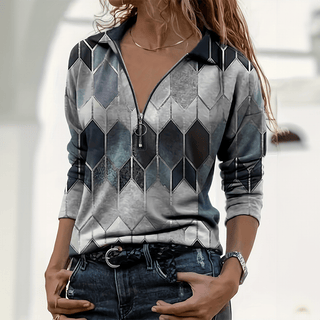 Retro Polo Top med Lynlås | Diamantprint | Farverig & Statement