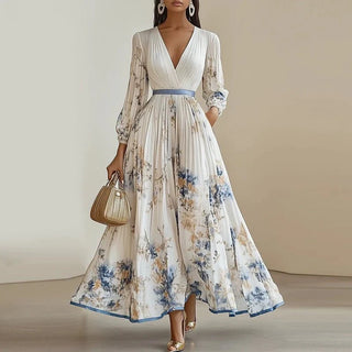 Elegant Maxi Kjole | Plisseret | Blomstret Print | Langærmet Design