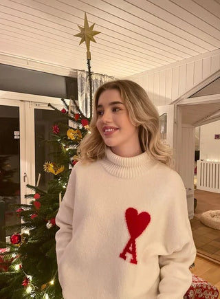 Uld Sweater med Hjerte | Rullekrave | Varm og Stilren