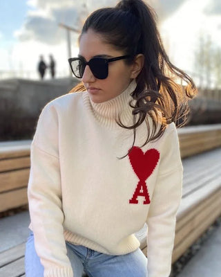 Uld Sweater med Hjerte | Rullekrave | Varm og Stilren
