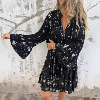 Boho Kjole med Flæser og Mønster